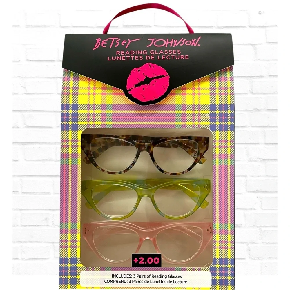 Betsey Johnson 3 Set Reading Cat Eye Glasses 2.50 Pastel Pink Green Brown Set
